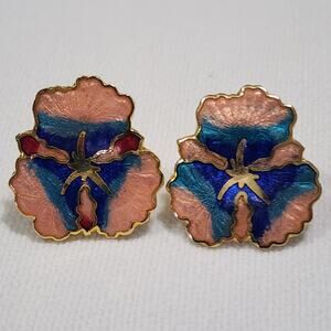 Cloisonne Enamel Pansy Flower Peach Blue Gold Tone Post Earrings 1980s Vintage